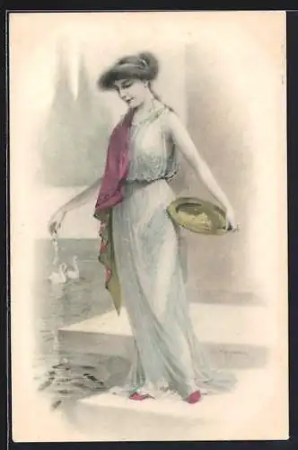 AK Frau füttert die Fische, Jugendstil