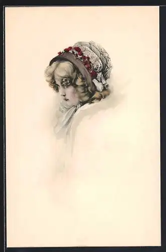 AK Weissblonde Frau mit Haube, Biedermeier