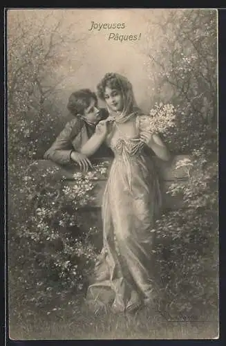 Künstler-AK Wichera: Liebespaar mit Blumen an einem Holzzaun