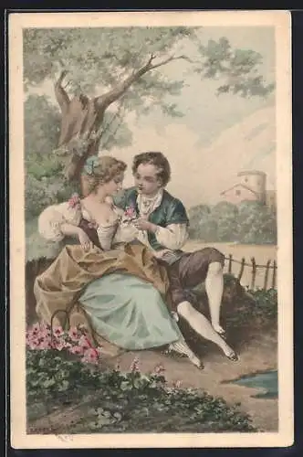 Künstler-AK R. Kratky: barock gekleidetes Liebespaar romantisch auf einem Stein sitzend