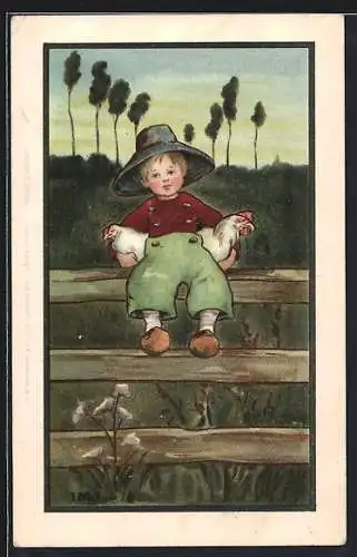 Künstler-AK I.M.J.: kleiner Junge mit Hühner auf einem Zaun