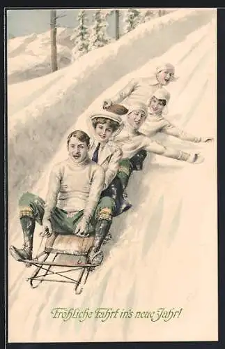 Künstler-AK Theo Zasche: Fröhliche Gruppe auf langem Rodelschlitten - Neujahrsgruss