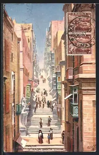 Künstler-AK Malta, Strada Santa Lucia, Leute auf der grossen Treppe