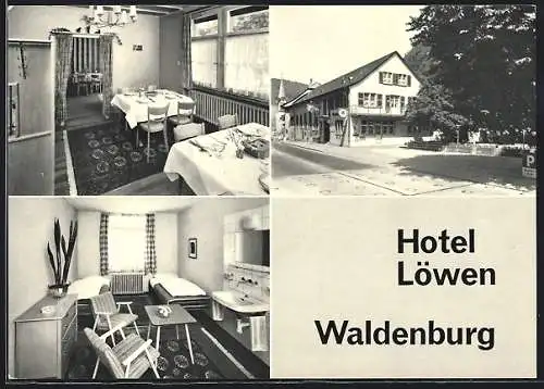 AK Waldenburg, Hotel Löwen, Innenansichten Gastraum und Schlafzimmer