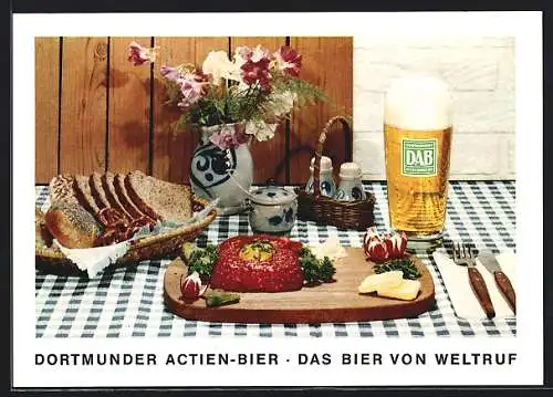 AK Dortmund, Reklame der Brauerei Dortmunder Actien-Bier, Deftige Brotzeit mit einem Glas Bier