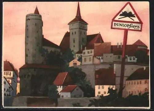 AK Reklame für Dunlop Supra Ballon, Verkehrsschild in mittelalterlichem Ort