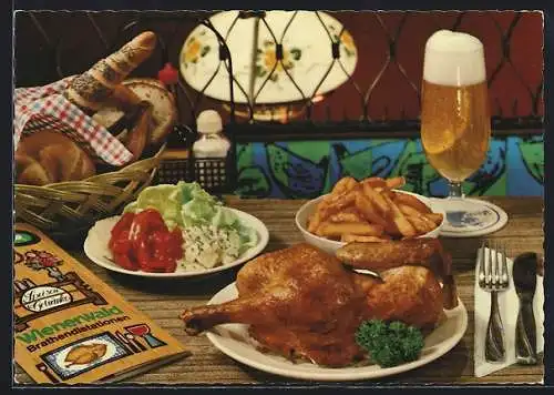 AK Reklame für Wienerwald, Hähnchen mit Pommes auf dem Tisch
