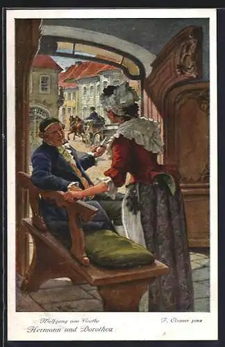 Künstler-AK F. Elssner, Goethe, Hermann und Dorothea, Hausfrau beobachtet wie eine Kutsche abfährt