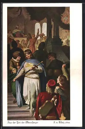 Künstler-AK sign. F. v. Piloty: Aus der Zeit der Minnesänger, Feiernde an einer Treppe