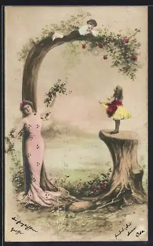 AK Buchstabe G, schöne Frau, Kinder wollen Äpfel pflücken