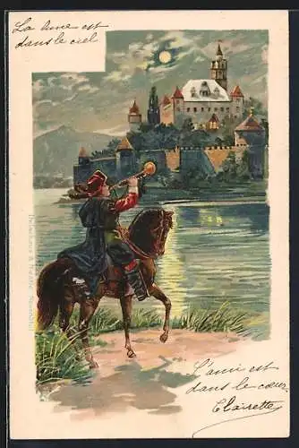 AK Behüt Dich Gott!, Abschied, Trompeter zu Pferde vor der Burg