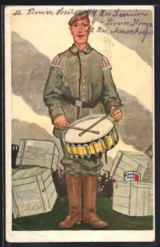 AK Leibniz-Keks-Packung, Soldat in Uniform mit Trommel