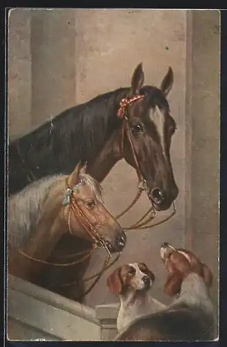 Künstler-AK Carl Reichert: Hunde sind bei Pferden im Stall, Fohlen