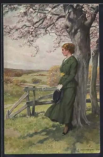 Künstler-AK R. Borrmeister: Sehnsucht, Dame unter Baum