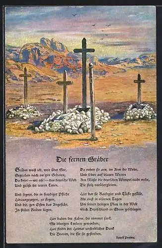 AK Deutsche Kriegsgräber in Südwestafrika, Kolonialkriegerdank, Lied Die fernen Gräber