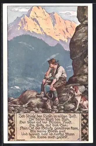 Künstler-AK Ernst Kutzer: Volksliederkarte Nr. 9, Ich schiess den Hirsch im wilden Forst