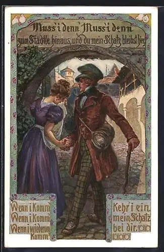 AK Volkslied Nr. 4, Muss i dennn, muss i denn, Wanderer verabschiedet sich von seinem Schatz