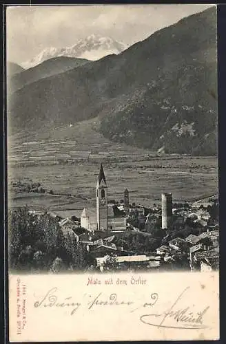 AK Mals, Ortsansicht mit Blick auf den Ortler