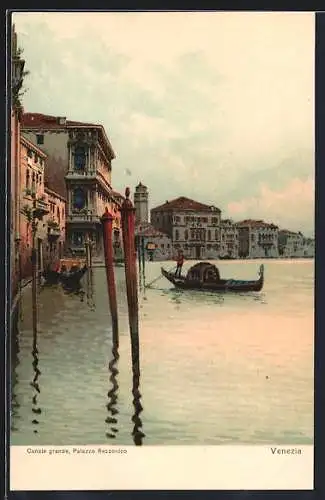 Lithographie Venezia-Venedig, Canale grande, Palazzo Rezzonico, Gondeln