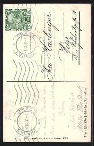 AK Prag / Praha, Karlsbrücke, Karluv most, Partie am Altstädter Brückenturm