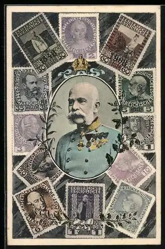 AK Portrait Kaiser Franz Josef I. von Österreich, versch. Briefmarken