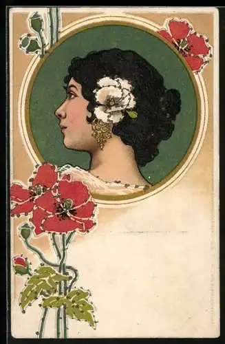 AK Jugendstil-Portrait einer rassigen Schwarzhaarigen mit Mohnblumen