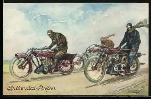 AK Reklame für Continental-Reifen, Motorrad-Rennen