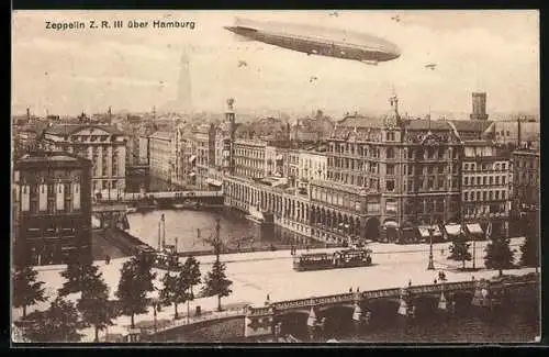 AK Hamburg, Luftschiff Zeppelin Z. R. III über der Stadt mit Strassenbahn