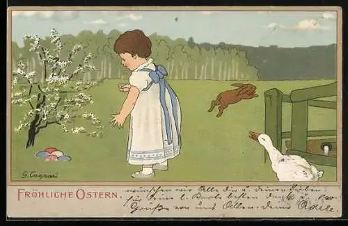 Künstler-AK Gertrud Caspari: Ostergrüsse, Kleines Mädel findet die Ostereier unter der blühenden Kirsche