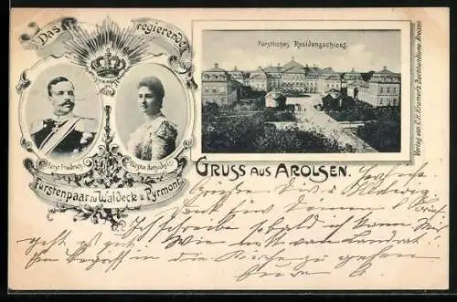AK Arolsen, Fürstliche Residenz und Porträt des Fürstenpaares Friedrich und Bathildis von Waldeck-Pyrmont