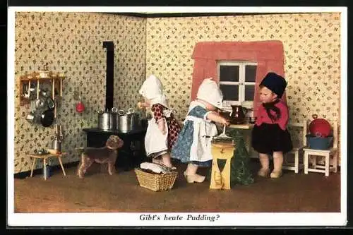 AK Käthe Kruse-Puppe, De Pottenkijkers, Puppen mit Hund in der Küche