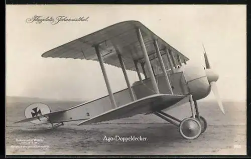 Foto-AK Sanke Nr. 285: Ago-Doppeldecker-Flugzeug auf der Startbahn