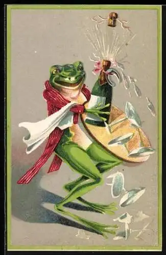 AK Frosch lässt die Korken knallen, vermenschlichte Tiere