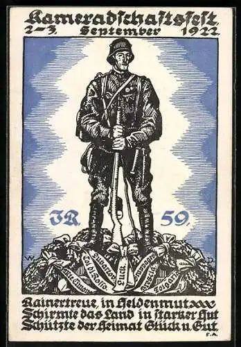 Künstler-AK Kameradschaftsfest des K. k. Inf. Regt. 59 1922, Soldat mit Gewehr
