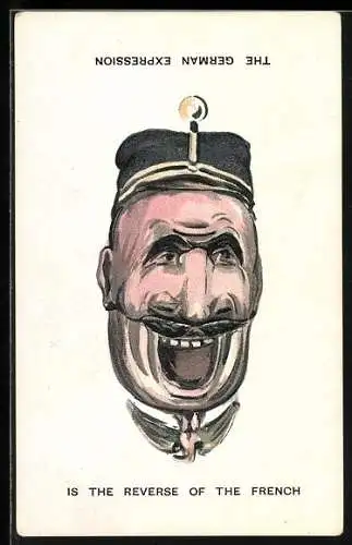AK Lachender Franzose und trauriger Kaiser Wilhelm II. in einem Kopf, The German Expression is the reverse of the French