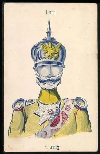 Künstler-AK Kaiser Wilhelm II. und Franzosin in einer Figur, Optische Täuschung