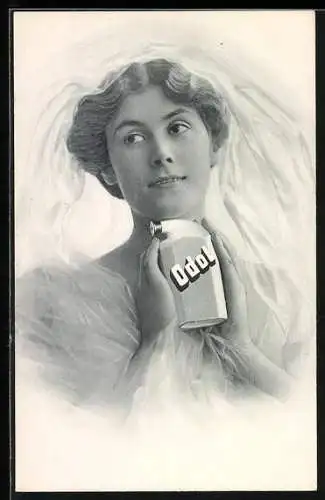 AK Reklame The Odol Chemical Works, Frau mit Flasche Odol