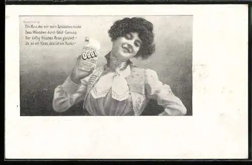 AK Frau mit einer Flasche Odol und Gedicht, Ein Kuss, den mir mein Schätzchen reiche