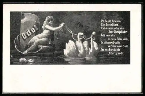 Künstler-AK Frau mit einer Flasche Odol wird in einem Boot von zwei Schwänen gezogen, Ihr lieben Schwäne...