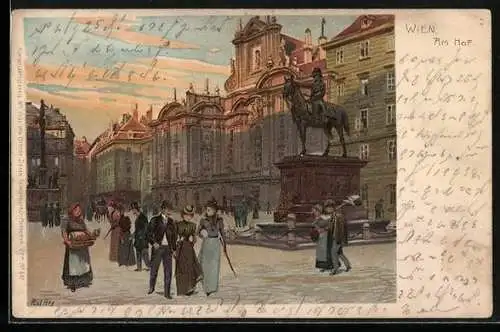 Künstler-Lithographie Paul Hey: Wien, Strassenpartie am Hof