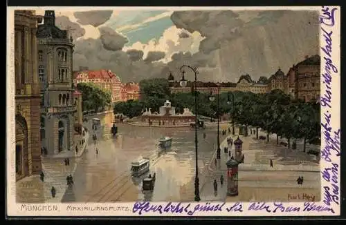 Künstler-Lithographie Paul Hey: München, Maximiliansplatz mit Litfasssäulen und Pferdebahn