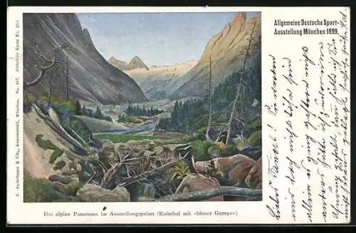 Künstler-AK München, Allg. Deutsche Sport-Ausstellung 1899, Alpines Panorama, Briefmarke der privaten Stadtpost