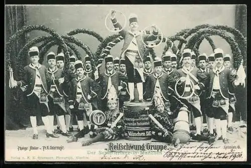 AK München, Reifschwung Gruppe, Der Schäfflertanz, Briefmarke der privaten Stadtpost