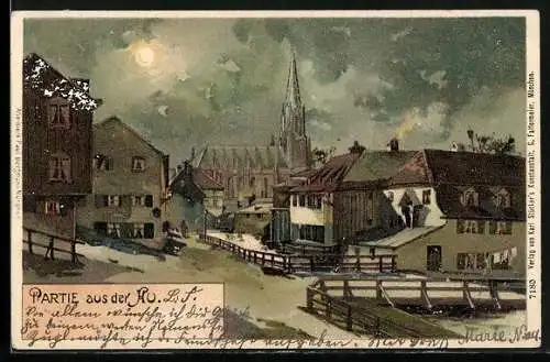 Künstler-AK München-Au, Ortsansicht mit Kirche, Briefmarke der privaten Stadtpost
