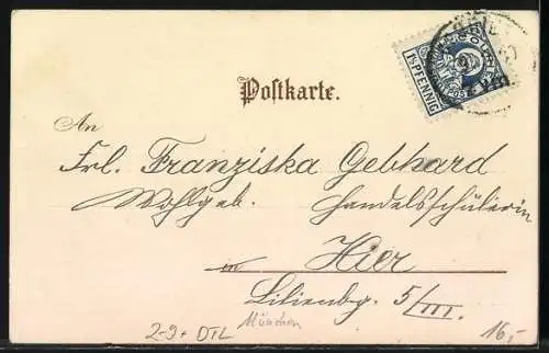 Künstler-AK München-Au, Ortsansicht mit Kirche, Briefmarke der privaten Stadtpost