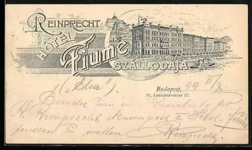 Lithographie Budapest, Reinprecht Hôtel Fiume Szállodája, Lánczhid-utca 12