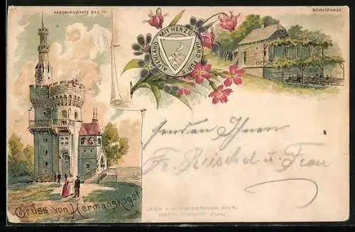 Vorläufer-Lithographie Wien, Schutzhaus /Hermannskogel, 1894, Habsburgwarte mit Besuchern, Wappen und Schutzhaus