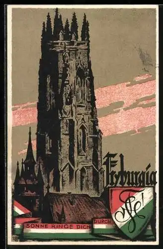 Künstler-AK Fribourg, Sonne Ring Dich Durch, Studentenwappen