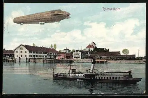 AK Romanshorn, Zeppelin mit einem Dampfer