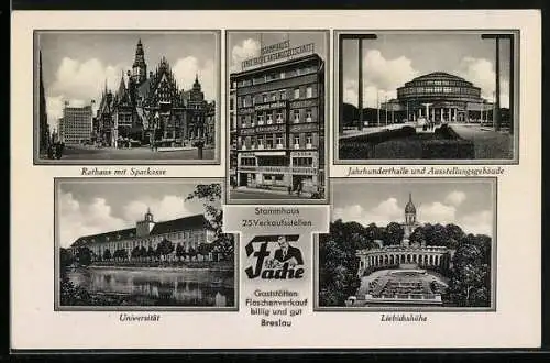 AK Brslau, Stammhaus Fache - Gaststätten & Flaschenverkauf, Jahrhunderthalle mit Ausstellungsgebäude, etc.